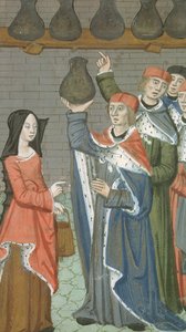 Femme avec panier apportant urinalis magnus, de De Medina Fen I. II, par Avicenne - Flemish School