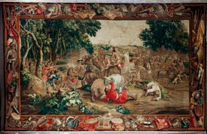 Palais (Schlossanlage Schleißheim). Tapisserie flamande. Atelier de Bruxelles Judocus De Vos. Design Lambert De Hondt. Embuscade. Laine et soie. Vers 1715 - 1724.