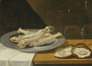 Jarrets de porc sur une assiette en étain avec huîtres et verres à vin sur une table drapée, vers 1630