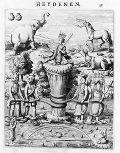 Samudramathana, avec la participation de Deva (Surya, Shiva, Vishnu, Brahma) avec des démons et des montures. Selon Baldaeus Philippus Afgoderye der oost-indische Heydenen. Amsterdam 1672 - Flemish School
