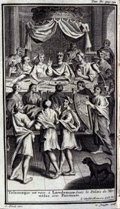 Télémaque est reçu à Lacédémone dans le palais de Ménélas avec Pisistrate. Illustration pour le livre IV de l