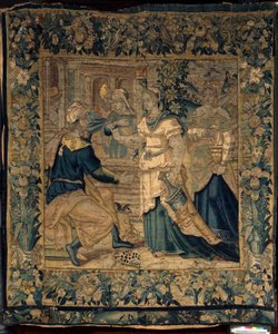 Les collections universitaires. Tapisserie flamande. Les filles de Jethro racontent à leur père leur rencontre avec Moïse. Oudenaarde. Vers 1550