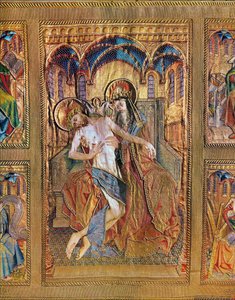 Trône de la Miséricorde, parrain tenant le fils à genouxAltar antependium des ornements de messe bourguignons ... (broderie sur lin, fils d