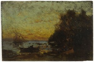 Bateau et voiliers, coucher de soleil. Au verso : Marine