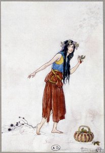 Jeune fille dans la neige avec une fraise, « Mon Pays des Fées » par Fiona Malcom, illustration de Florence Anderson