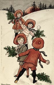 Enfants avec du houx lançant des boules de neige