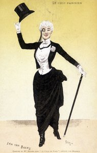 Le chic parisien (dandy - dandysme) : Costume de Mademoiselle Réjane dans « Le cœur de Paris ». Costume par le créateur de mode Jan Van Beers, exécuté par Redfern. Dessin de Florian