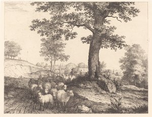 Berger et troupeau sous un arbre ancien - Florian Grospietsch