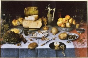 Néerlandais : Nature morte avec fruits, fromage, pain et vin Table dressée avec fromage et fruits - Floris van Dyck