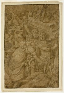 Cupidon dans un char triomphal, accompagné de dieux et déesses - Follower of Giulio Romano