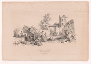 Ferme avec puits, charrette de foin et diverses figures (Cours de dessin. Paysages, figures, animaux, accessoires, par Férogi)