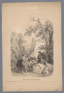 Groupe avec un âne devant un village de montagne italien (Études de figures dans un paysage)