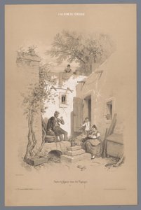 Parents avec enfants près de leur maison de village (Études de figures dans les paysages)