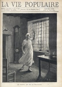 Une femme en chemise et bonnet de nuit, avec un visage plein de peur, des yeux tristes et une main levée, se tient debout pieds nus devant la fenêtre de sa maison, à travers laquelle on voit les mâts des bateaux. À l