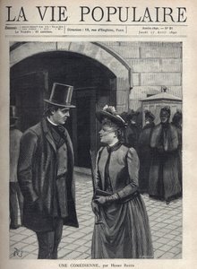 Une jeune femme portant un chapeau voilé qui couvre son visage, tenant un parapluie et un livre, parle à un jeune homme élégant, costume et chapeau haut de forme, mains dans les poches. Derrière eux, un groupe de femmes sévères, manteau sombre et voilé. El - Fortune Louis Meaulle