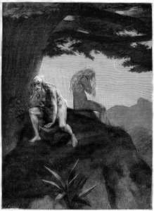 Adam et Ève. Dessin gravé par Meaulle, illustrant le poème de Victor Hugo « Les misheureux », dans la collection « Les contemplations », édition Paul Ollendorff, début du XXe siècle.