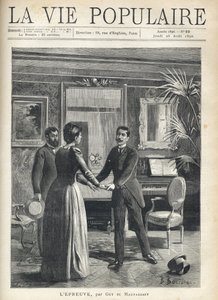 Dans un salon bourgeois, un homme se précipite vers la maîtresse de maison et lui saisit les mains, laissant tomber son chapeau par terre, sous le regard étonné d