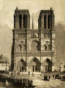 Notre Dame de Paris en 1482 : façade ouest et parvis. Gravure par F. Meaulle, d
