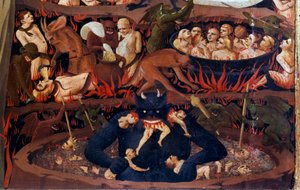 Le Jugement dernier : détail des Enfers. Damnés dans les cercles infernaux, tortures par des démons (détail)