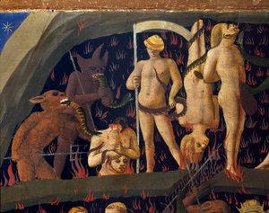 Le Jugement dernier : les damnés emmenés par des démons aux enfers. Peinture par Guido di Pietro (ou Fra Giovanni da Fiesole) dit Fra Angelico ou il Beato (1400-1455)