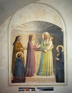 La présentation du Christ au temple. Saint Pierre, martyr, et la religieuse dominicaine Villana, observent la scène biblique. Fresque de Guido di Pietro