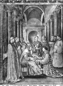 Le Pape Sixte II (d.258) confère le diaconat à Saint Laurent (d.258) de la chapelle de Nicolas V - Fra Angelico