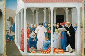 La Résurrection de Napoléon Orsini par Saint Dominique, du panneau de prédelle du Couronnement de la Vierge, c.1430-32