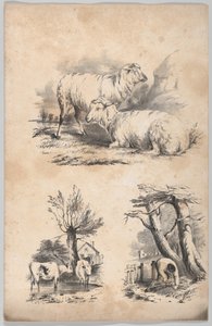 Vignette avec deux moutons, Vignette avec deux vaches dans une mare, et Vignette d