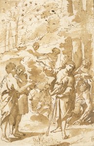 Joseph racontant son rêve à son père et ses frères et pointant vers onze étoiles dans le ciel