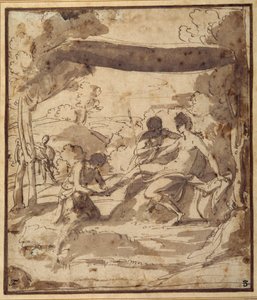 Vénus, allongée sous un auvent rustique, avec Adonis attachant sa sandale - Francesco Albani
