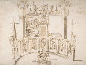 Conception pour une fête de jardin avec un mur semi-circulaire et des statues dans des niches, vers 1635-79