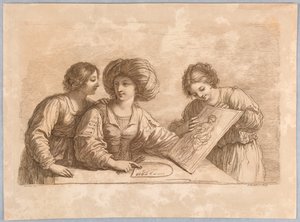 Trois femmes avec une palette et esquisse d