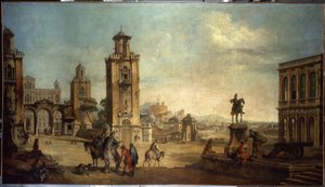 Scène de rue dans une ville, la grande place avec monuments