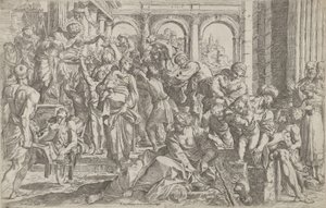 Saint Roch distribuant des aumônes à un groupe de personnes autour de lui, après..., 1590-1600