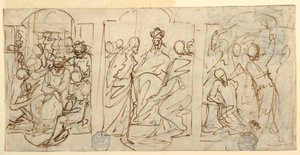 Dessin, Trois étapes de la Passion : La moquerie, Le Christ devant Pilate, La Flagellation, vers 1848 - Francesco Coghetti