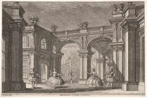 Deux dames et deux messieurs dansant dans un cadre architectural orné, une fontaine en arrière-plan, 1765
