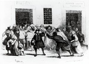 Le pillage de la boulangerie des béquilles, épisode des Fiancés, par Alessandro Manzoni (1785-1873), illustration de Francesco Gonin (1808-1889) édition de 1840