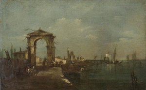 Paysage avec un quai et des navires sur un lac - Francesco Guardi