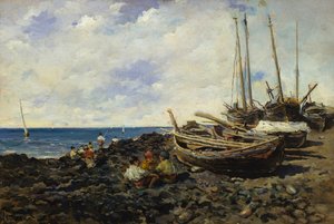 Pêcheurs avec bateaux sur le rivage