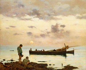Marina avec bateau de pêche et garçons, par Francesco Lojacono - Francesco Lojacono