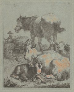 Cheval, bélier, chèvre avec chevreau, au loin un berger avec troupeau, 1759 - Francesco Londonio