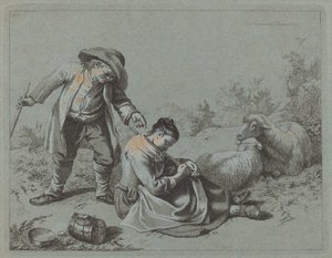 Paysanne taquinant une fille endormie avec une brindille - Francesco Londonio