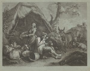 Vieil homme et femme assis avec un panier d