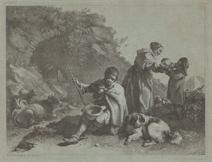 Berger assis et femme donnant à boire à un enfant