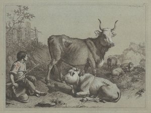 Berger assis avec un taureau et un bouvillon