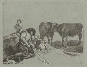 Berger endormi, deux veaux et une paysanne