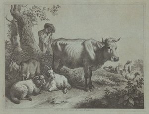 Vache debout et un berger avec son troupeau