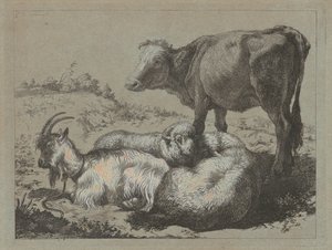 Bœuf debout, deux moutons et une chèvre