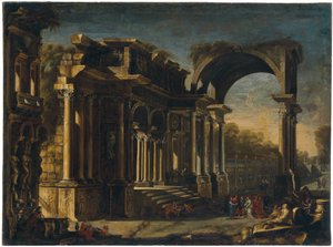 Capriccio avec ruines romaines et Christ avec la femme adultère