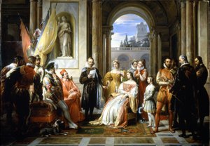 Torquato Tasso (Le Muche) lisant sa Jérusalem délivrée (La Gerusalemme Liberata) à la cour de Ferrare. Peinture de Francesco Podesti (1800-1895)